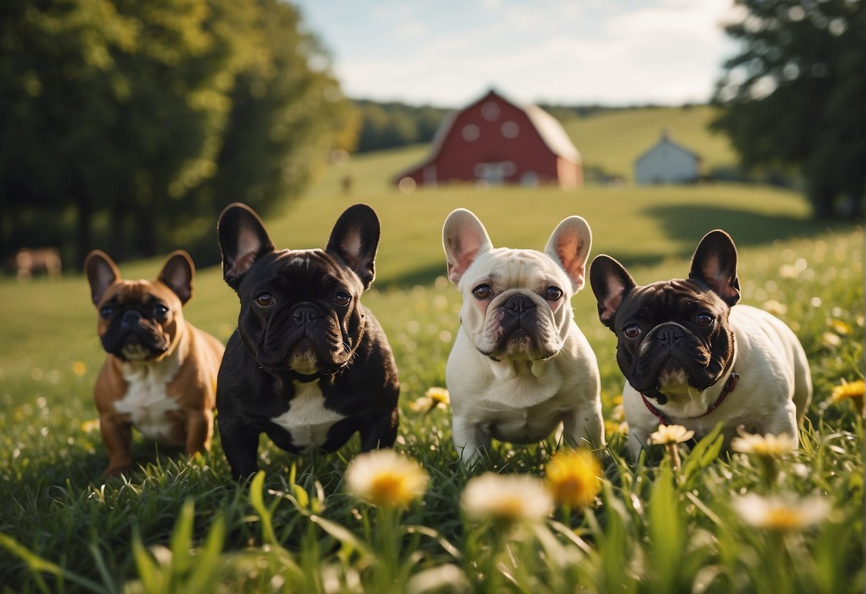 A sunny Pennsylvania farm with rolling green hills, a charming red barn, and a group of lively French Bulldogs playing in the grass