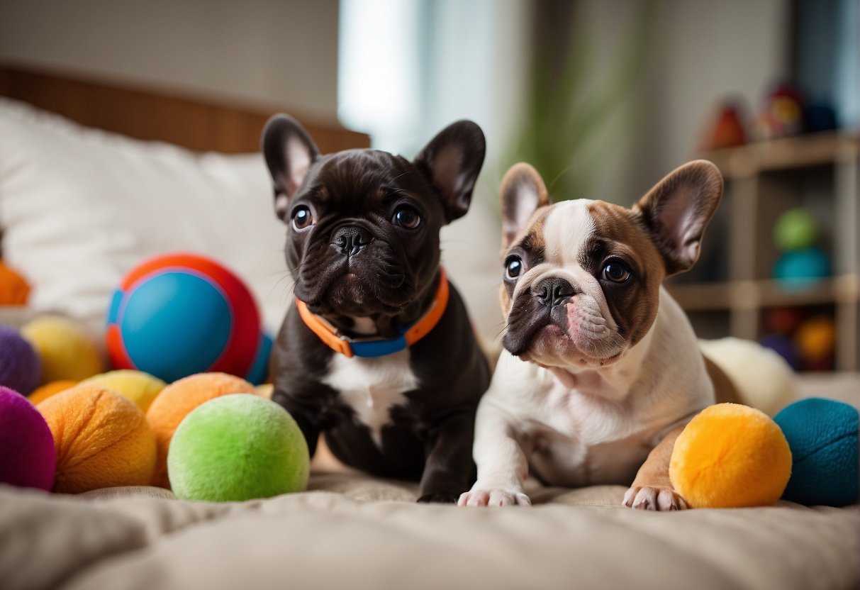 French bulldog puppies playing in a spacious, well-lit room with colorful toys and cozy bedding, while a breeder answers questions from potential buyers