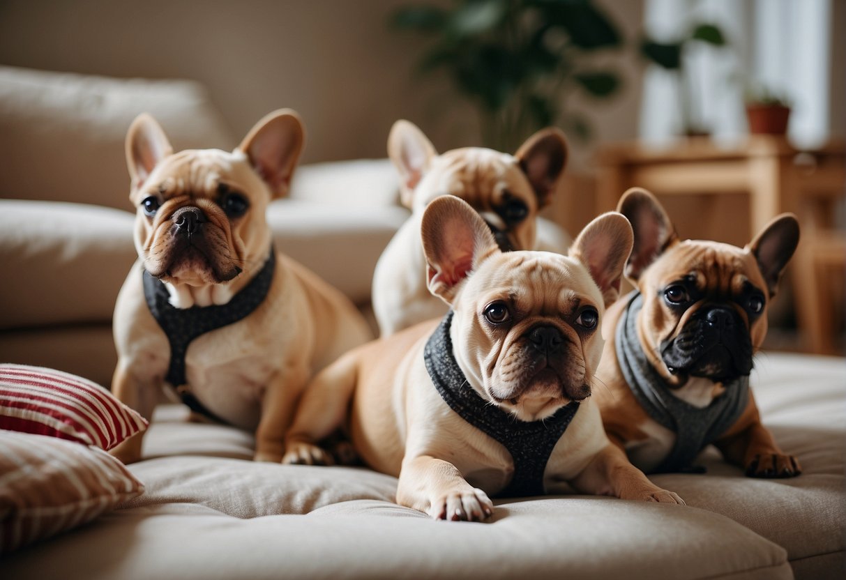A group of lively French Bulldogs play and relax in a spacious, clean, and well-lit environment, surrounded by toys and comfortable bedding