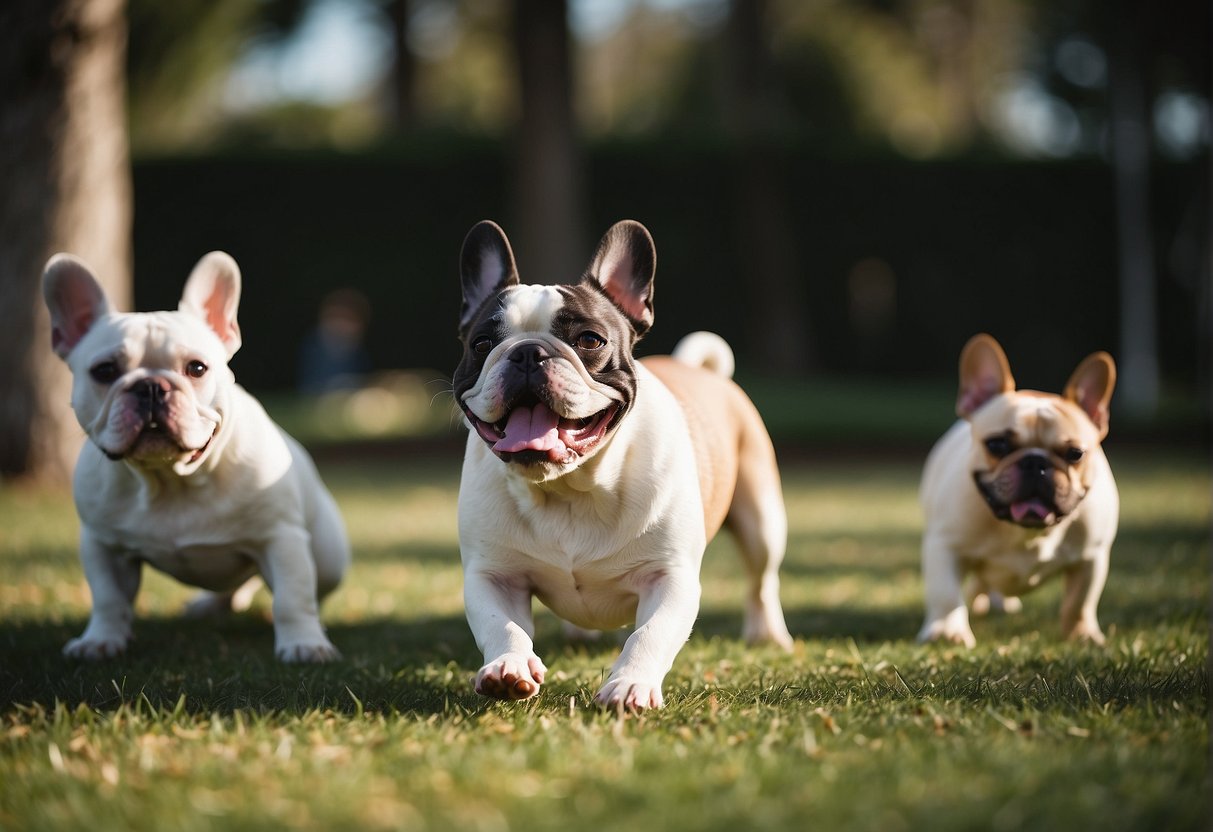 A group of French bulldogs playfully interact in a spacious, clean and well-maintained environment, showcasing their adorable and unique features