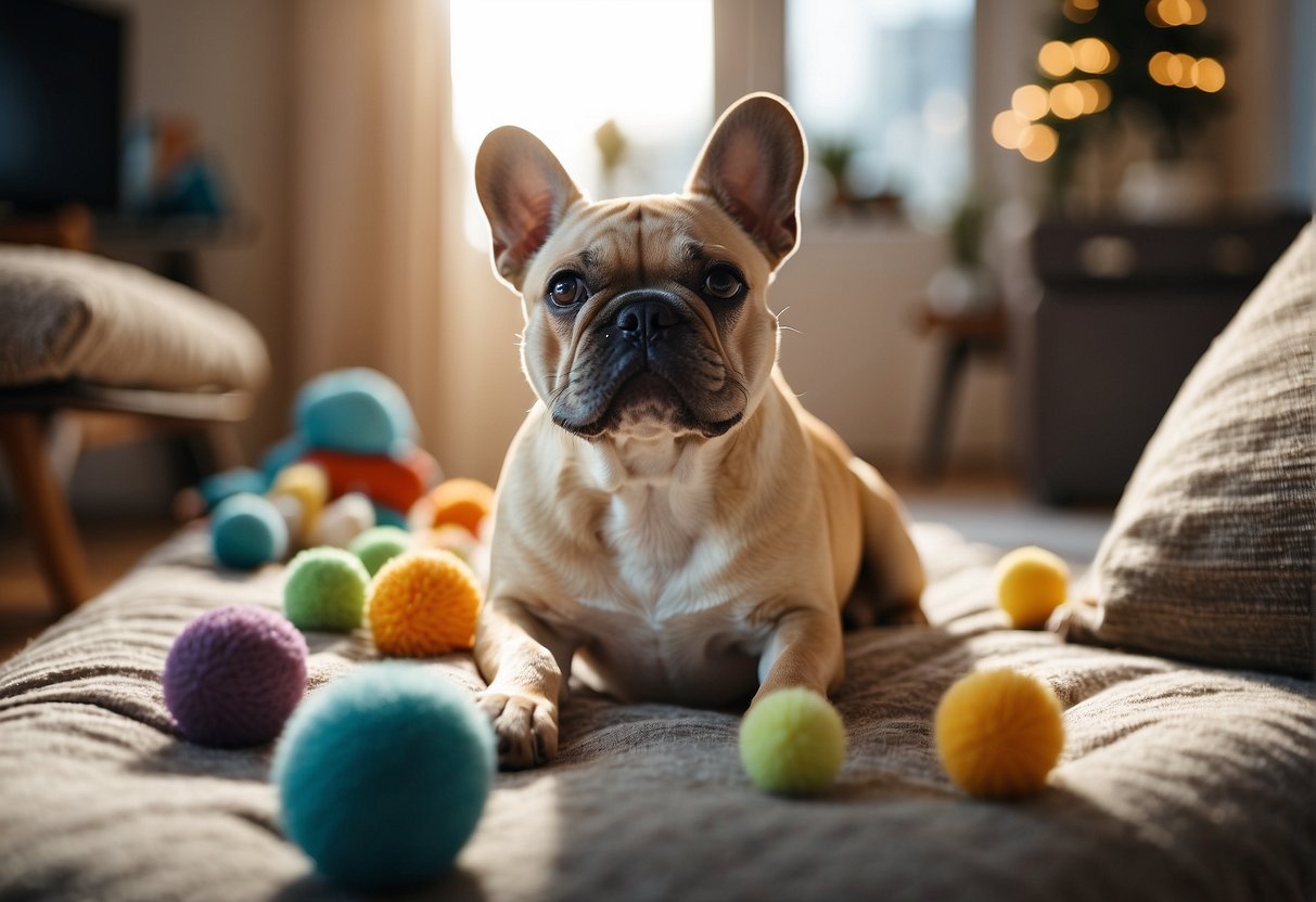 A happy French bulldog explores a cozy, sunlit room with toys and a comfortable bed, surrounded by attentive caretakers