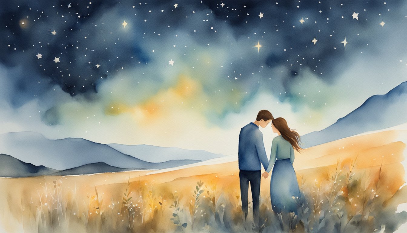 A couple embraces under a starry sky, surrounded by the number 1021.</p><p>The warm glow of love and connection fills the air