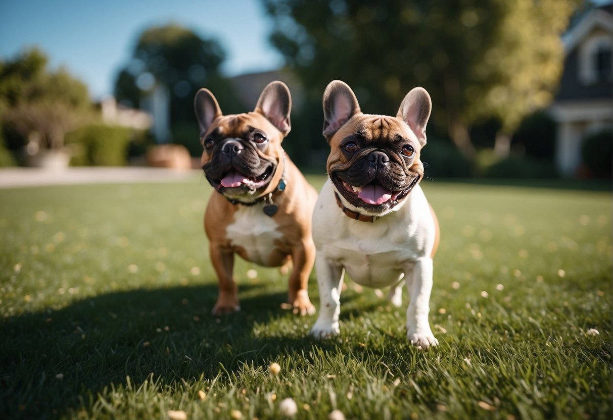 French bulldogs playing in a spacious, well-maintained yard with lush green grass and a clear blue sky overhead