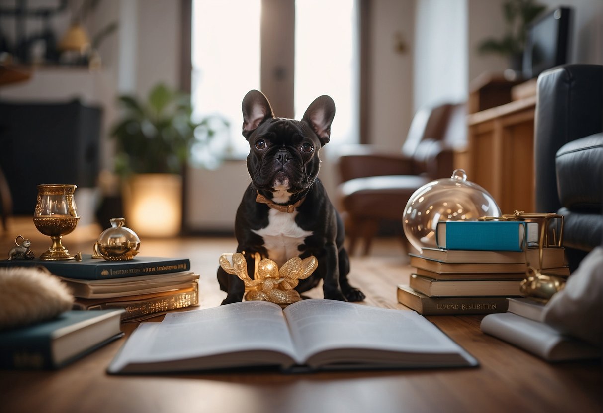 A cozy living room with a French bulldog playing with a toy, surrounded by awards and certificates from reputable breeders