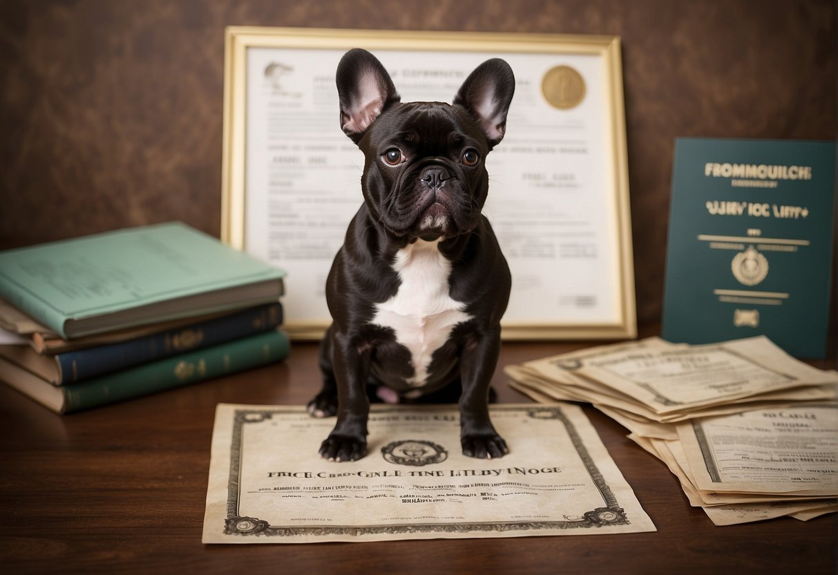 A proud French Bulldog stands next to its AKC registration papers and pedigree certificate, showcasing the importance of purebred lineage