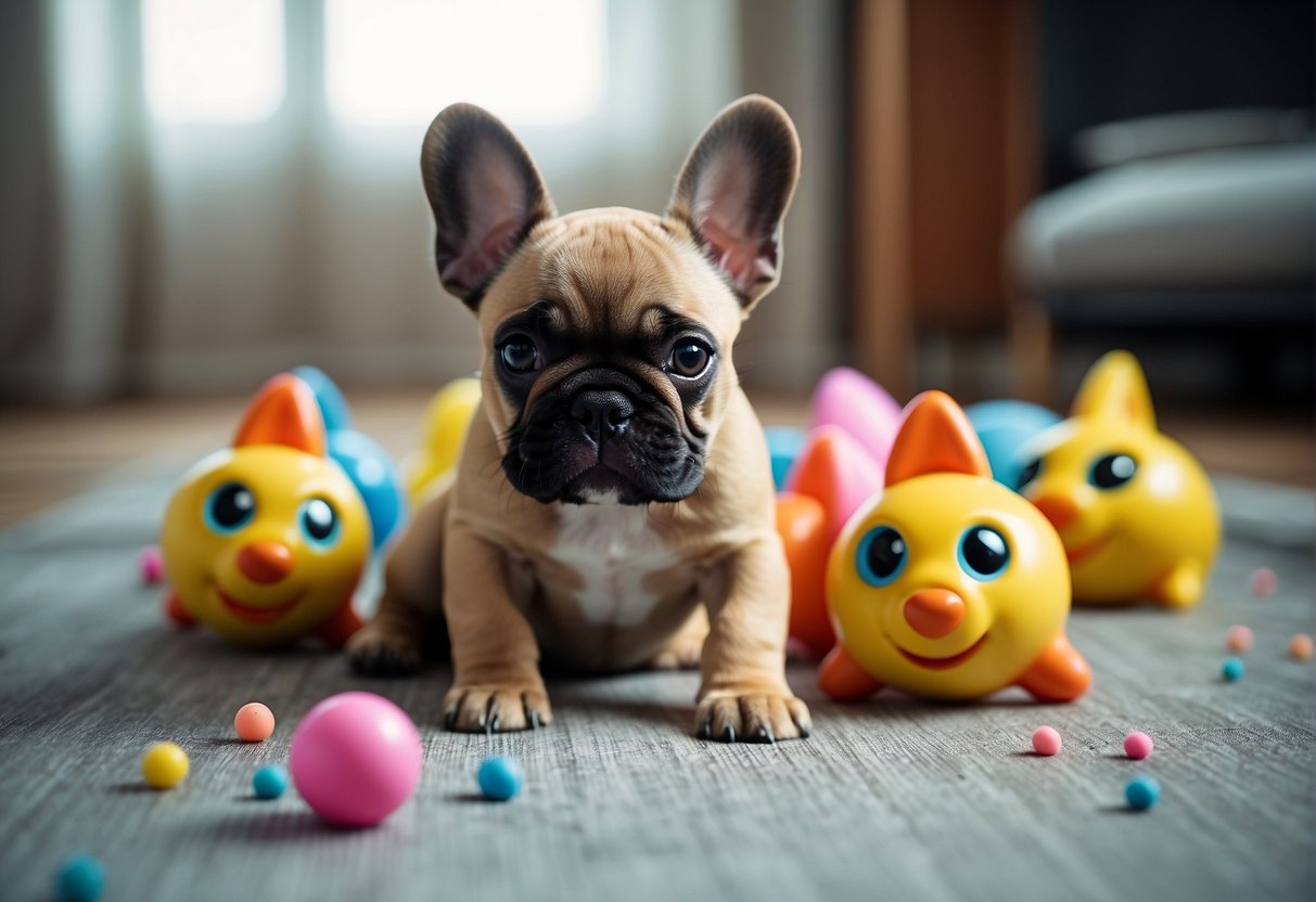 A litter of French Bulldog puppies playing in a spacious, clean and well-lit room with colorful toys scattered around