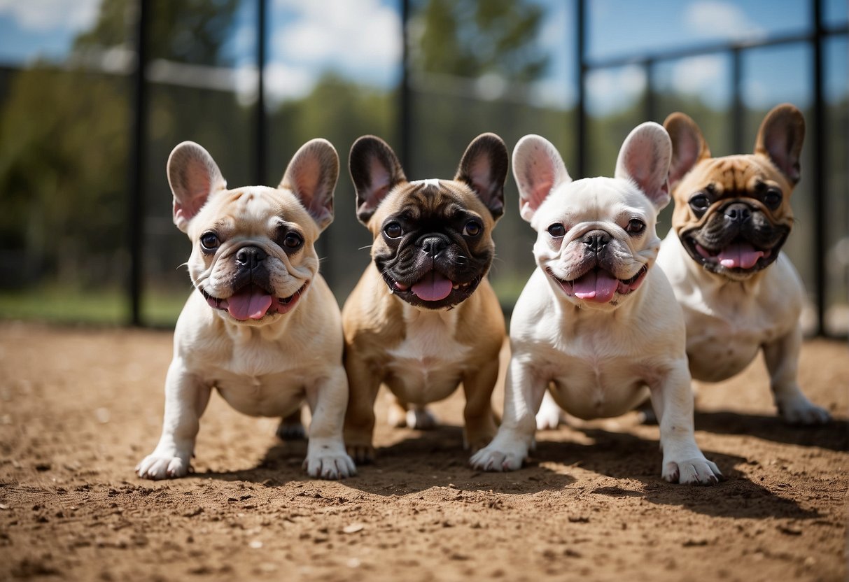 A group of happy French bulldogs play in a spacious, well-maintained enclosure. The breeder's logo is prominently displayed, and signs advertise their post-adoption support and guarantees