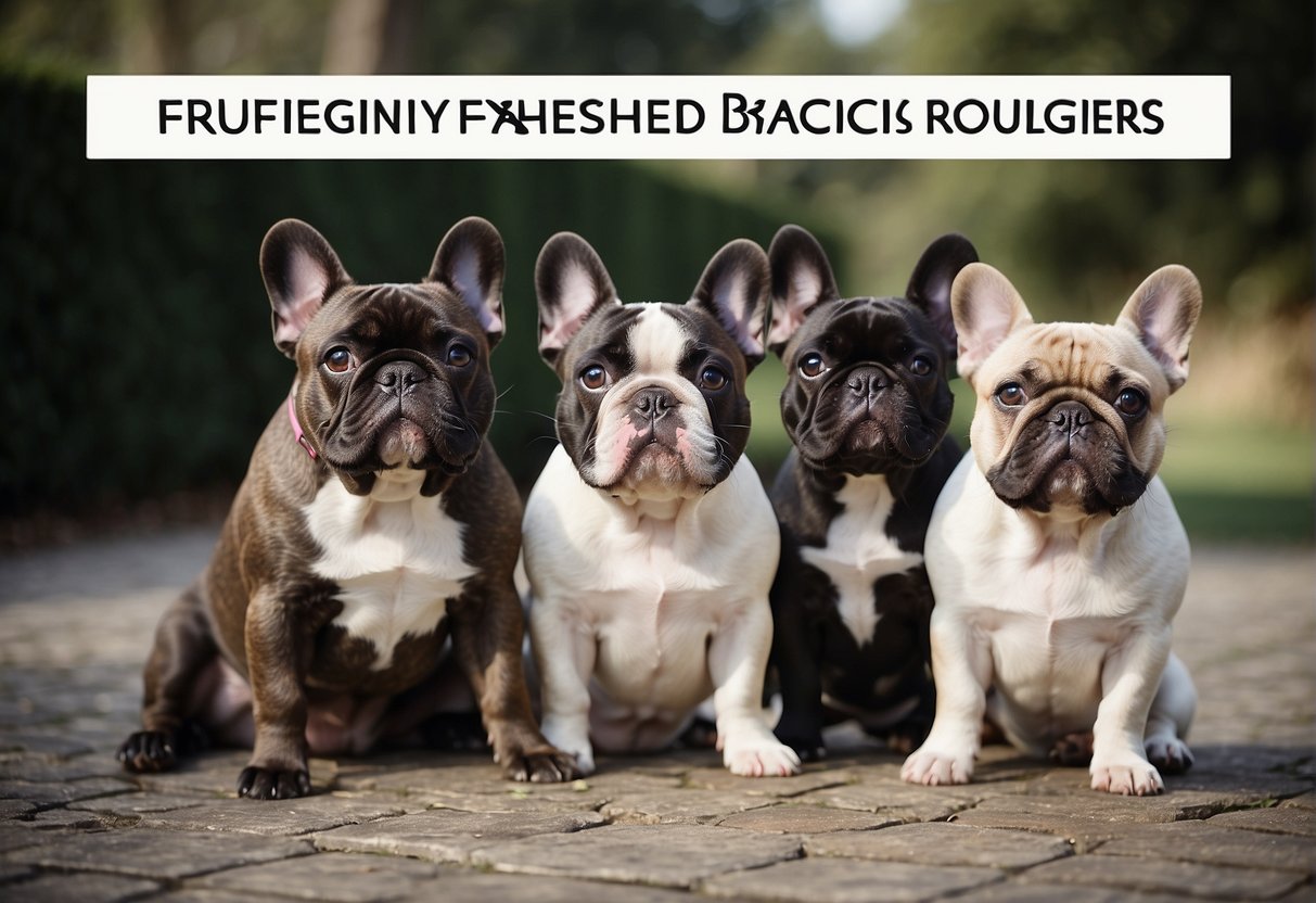 French bulldogs from top breeders worldwide in a group, with a sign reading "Frequently Asked Questions" above them