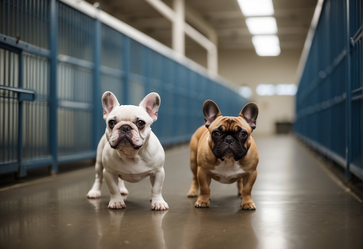 French bulldogs playing in spacious, clean kennels at top US breeders' facility. Happy, healthy dogs interact with caring staff