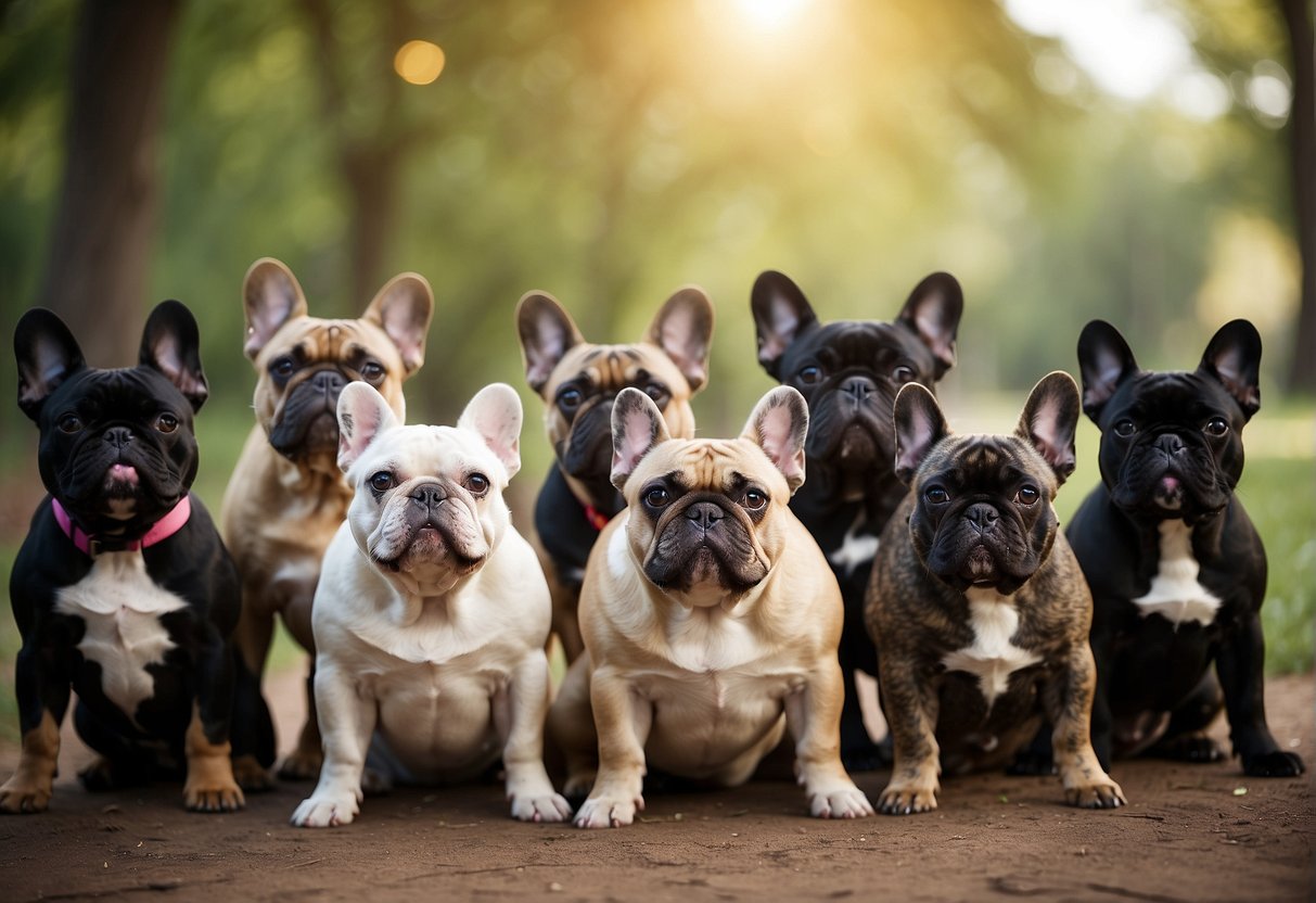 A group of French bulldogs from top breeders across the USA gather in a colorful and lively setting, showcasing their unique features and personalities