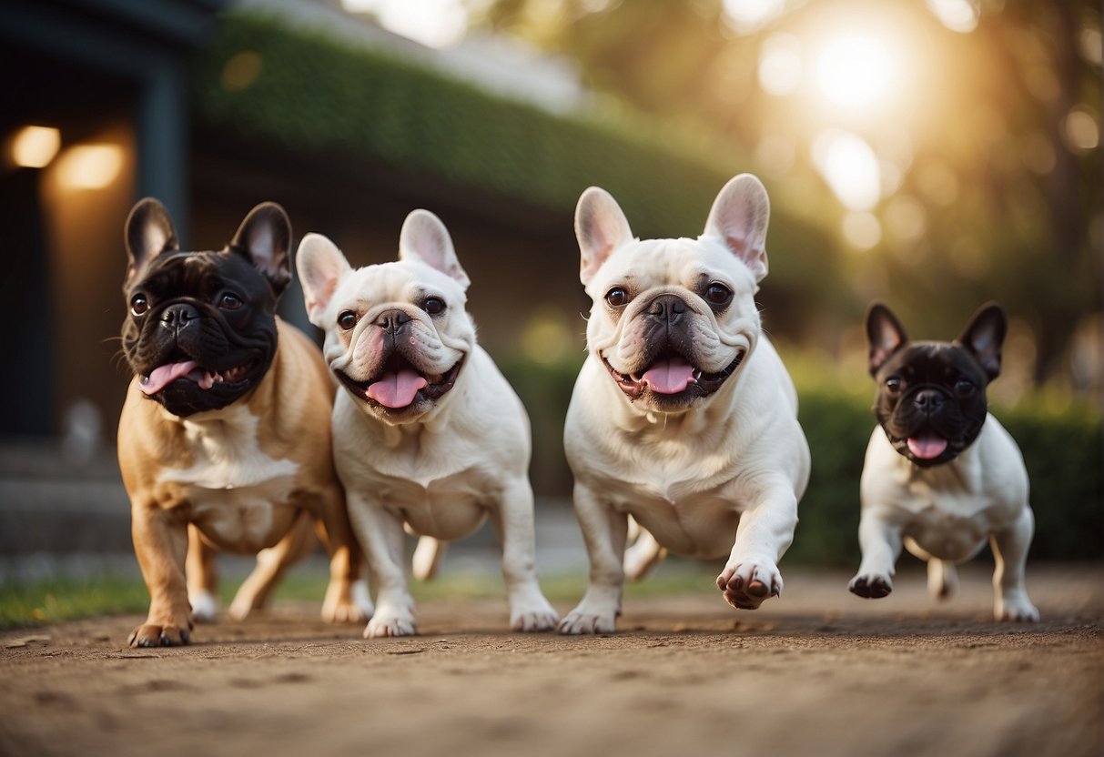 A group of French bulldogs playing in a spacious, well-maintained outdoor area, with happy and healthy-looking dogs interacting with each other and their human caretakers
