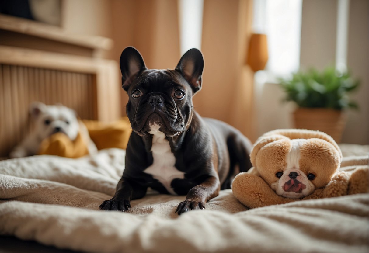 French bulldogs playfully interact in a spacious, well-maintained kennel with cozy bedding and plenty of toys. The breeders attentively care for the dogs, providing love and attention