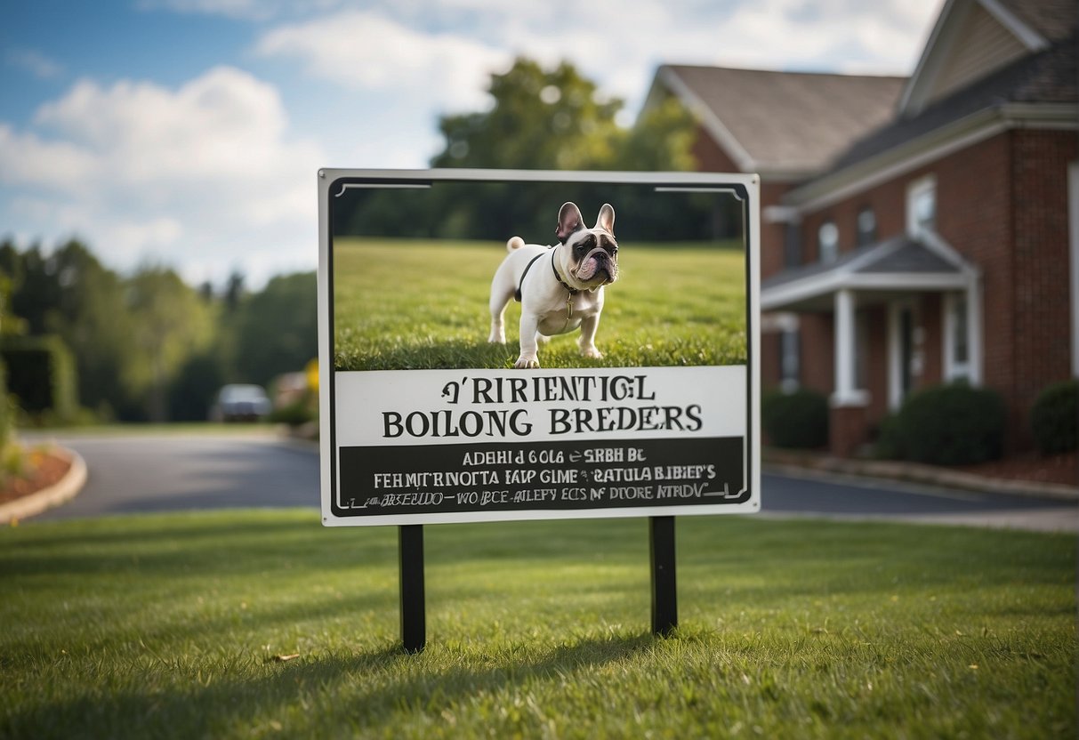 A French Bulldog breeder's sign stands outside a clean, well-maintained facility in Virginia. Dogs play in a spacious, fenced yard