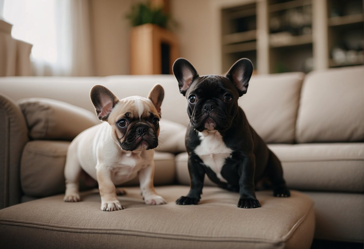 French Bulldog puppies playfully interact with breeders in a cozy Washington state home before being selected and taken to their new homes