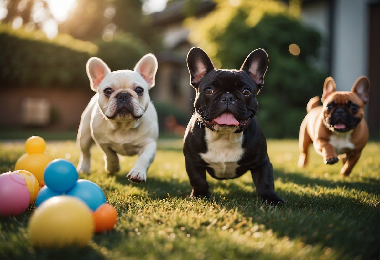 A group of lively French Bulldogs play in a spacious, well-maintained yard, with plenty of toys and fresh water available