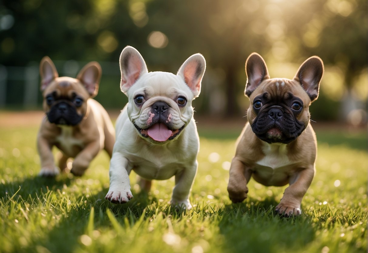 French bulldog puppies play in a spacious, green yard at a Washington state breeder's facility. The sun shines as they chase each other, creating a lively and joyful atmosphere