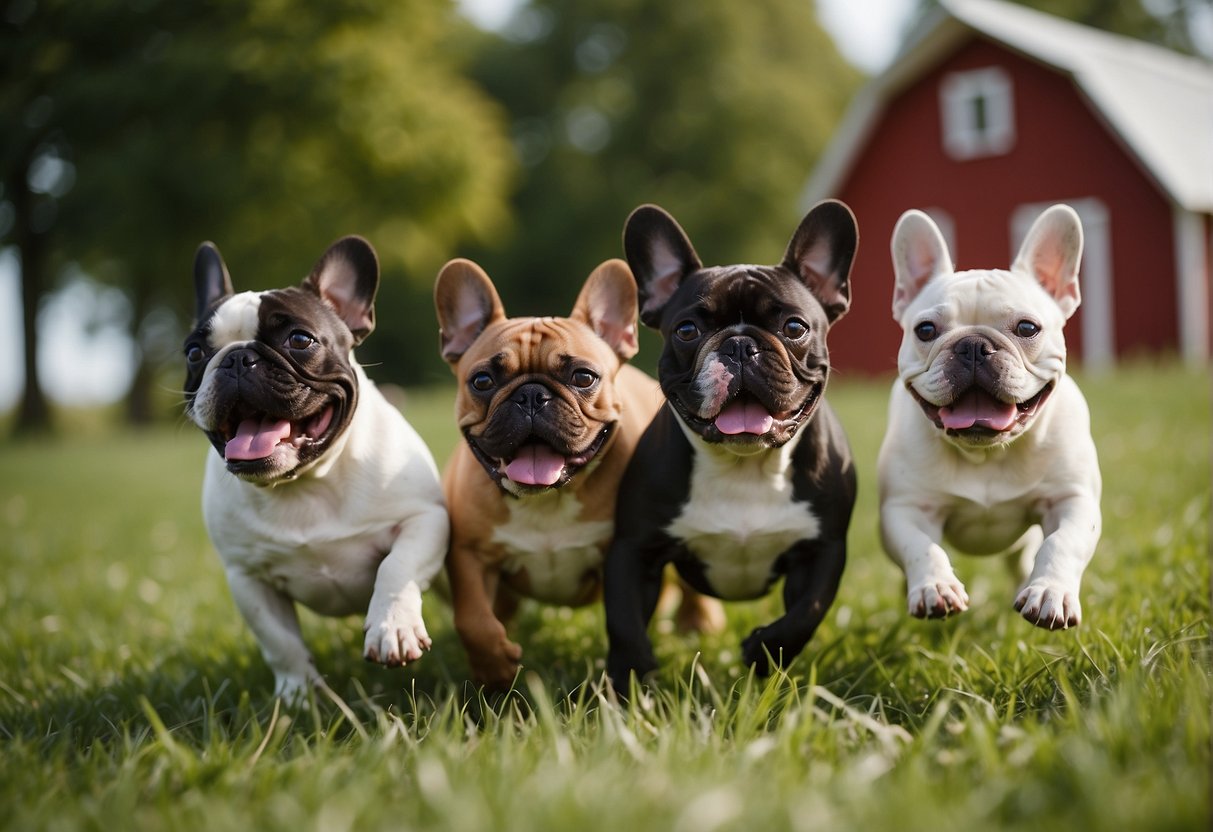 A cozy farmhouse in rural Wisconsin, surrounded by rolling green fields and a charming red barn. A group of French bulldogs playfully romp and wrestle in the grass, while their attentive breeders look on with pride