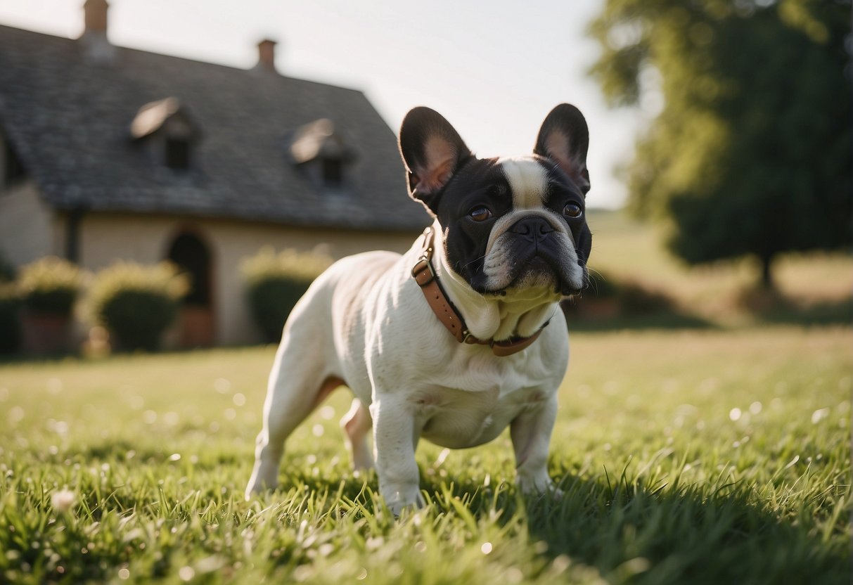 A serene countryside setting with a charming farmhouse, rolling hills, and a lovingly tended French Bulldog breeding facility