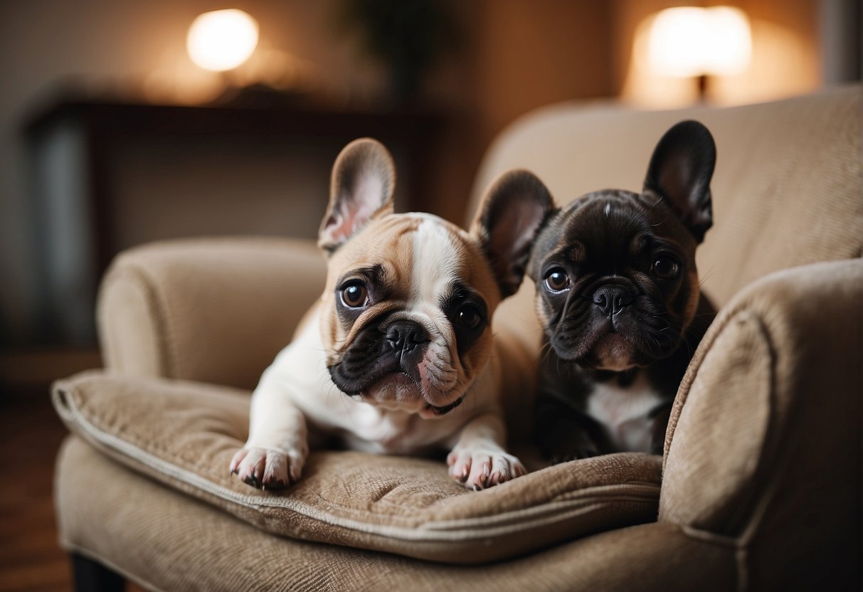 Adorable French Bulldog puppies playfully interact in a cozy, well-lit room at the best breeder's location in Wisconsin