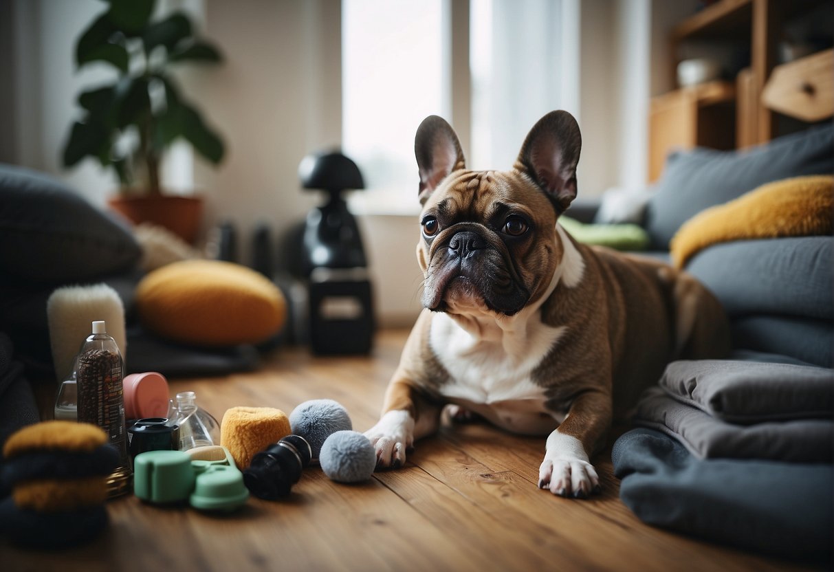 A French Bulldog being groomed and cuddled by a loving owner, surrounded by dog grooming supplies and toys in a cozy living room