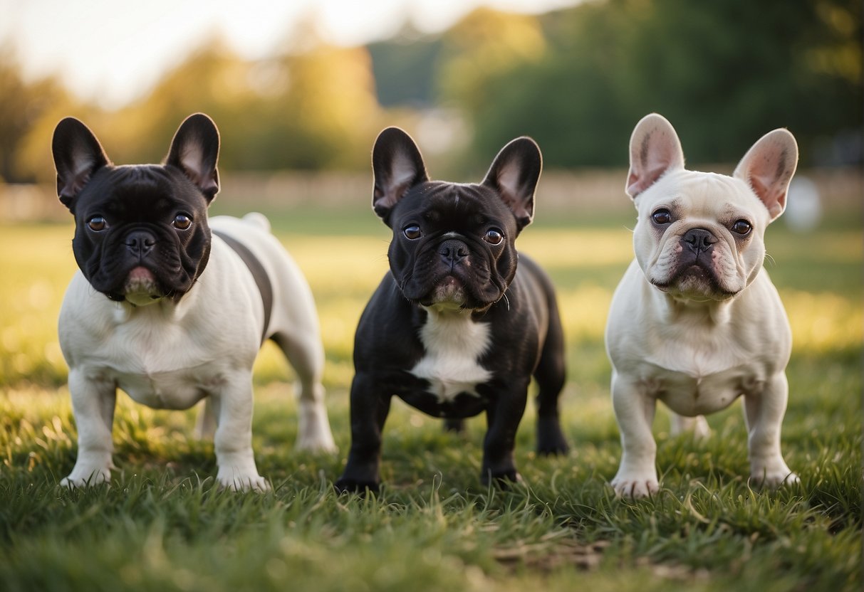 A group of French Bulldogs gather at a local breeder's farm in Wisconsin, playing and interacting with each other in a picturesque setting