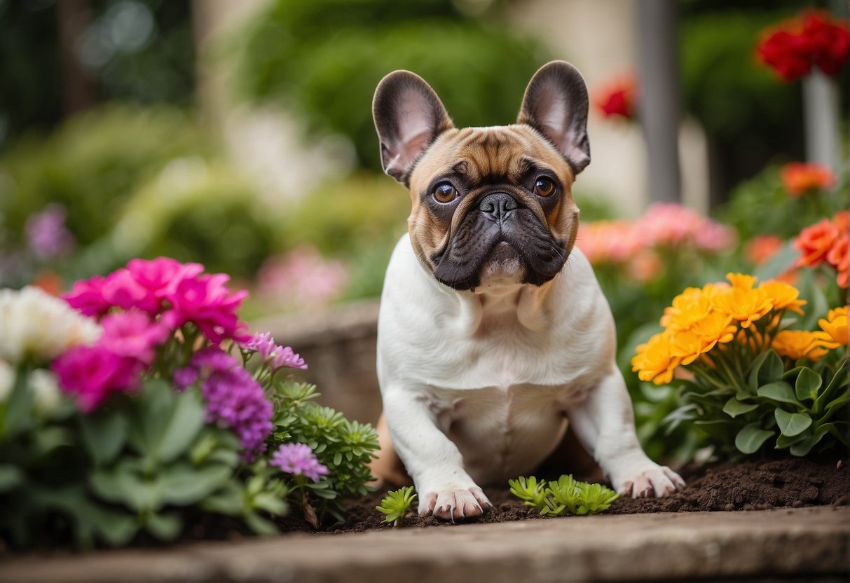French bulldogs playing in a spacious, well-maintained outdoor area, surrounded by lush greenery and colorful flowers, with a sign displaying "Best French Bulldog Breeders in Wisconsin" prominently placed