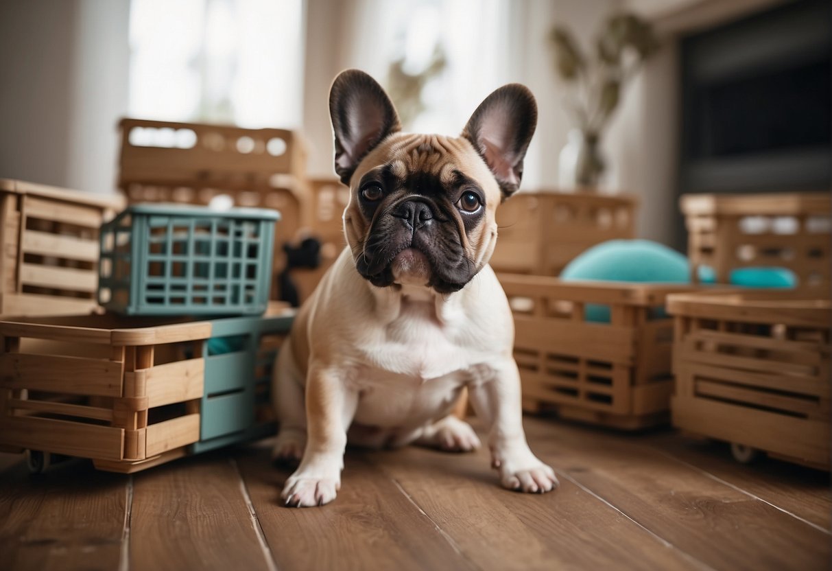 A cozy, well-lit room with spacious crates and toys. French bulldogs play and interact with each other, while the breeder attentively supervises and provides care