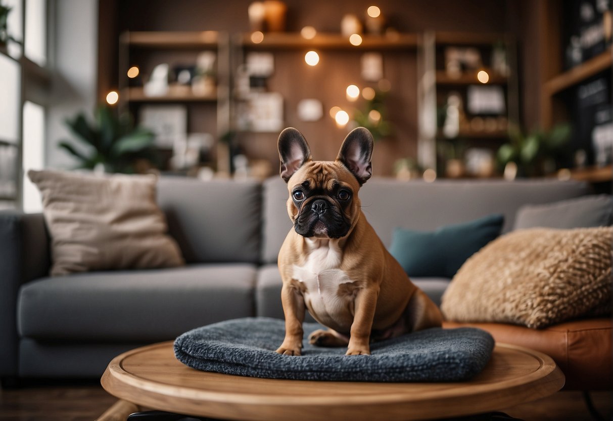 A cozy living room with a French bulldog breeder's logo on the wall, surrounded by shelves filled with awards and photos of champion dogs