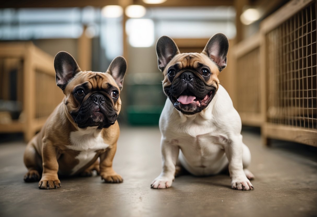 French bulldogs playfully interact in a spacious, well-maintained kennel. The breeder provides attentive care and answers questions from potential buyers