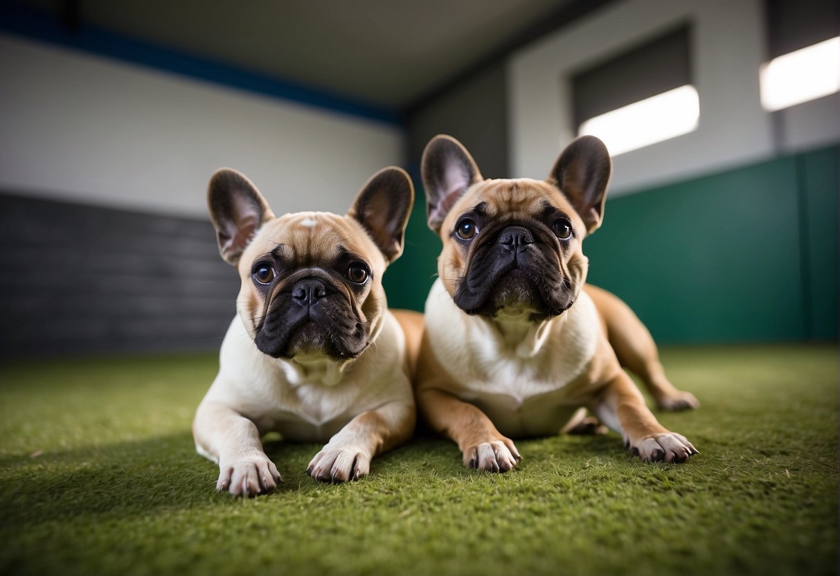 A spacious, clean kennel with happy, healthy French Bulldogs playing and resting. Quality food and toys are visible, and breed awards adorn the walls
