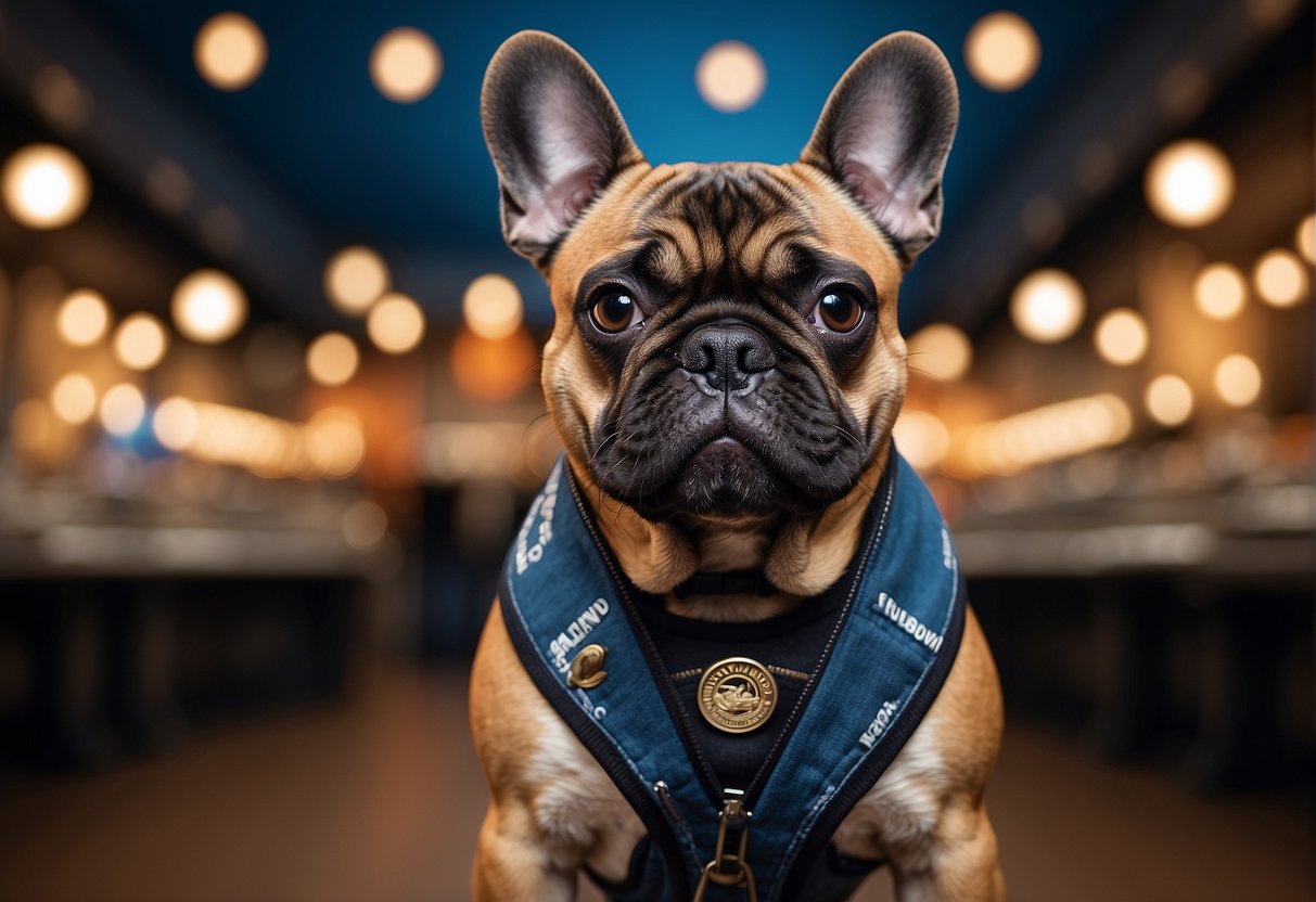 A French Bulldog stands confidently, surrounded by reputable breeders' logos, showcasing the best of its breed in the US