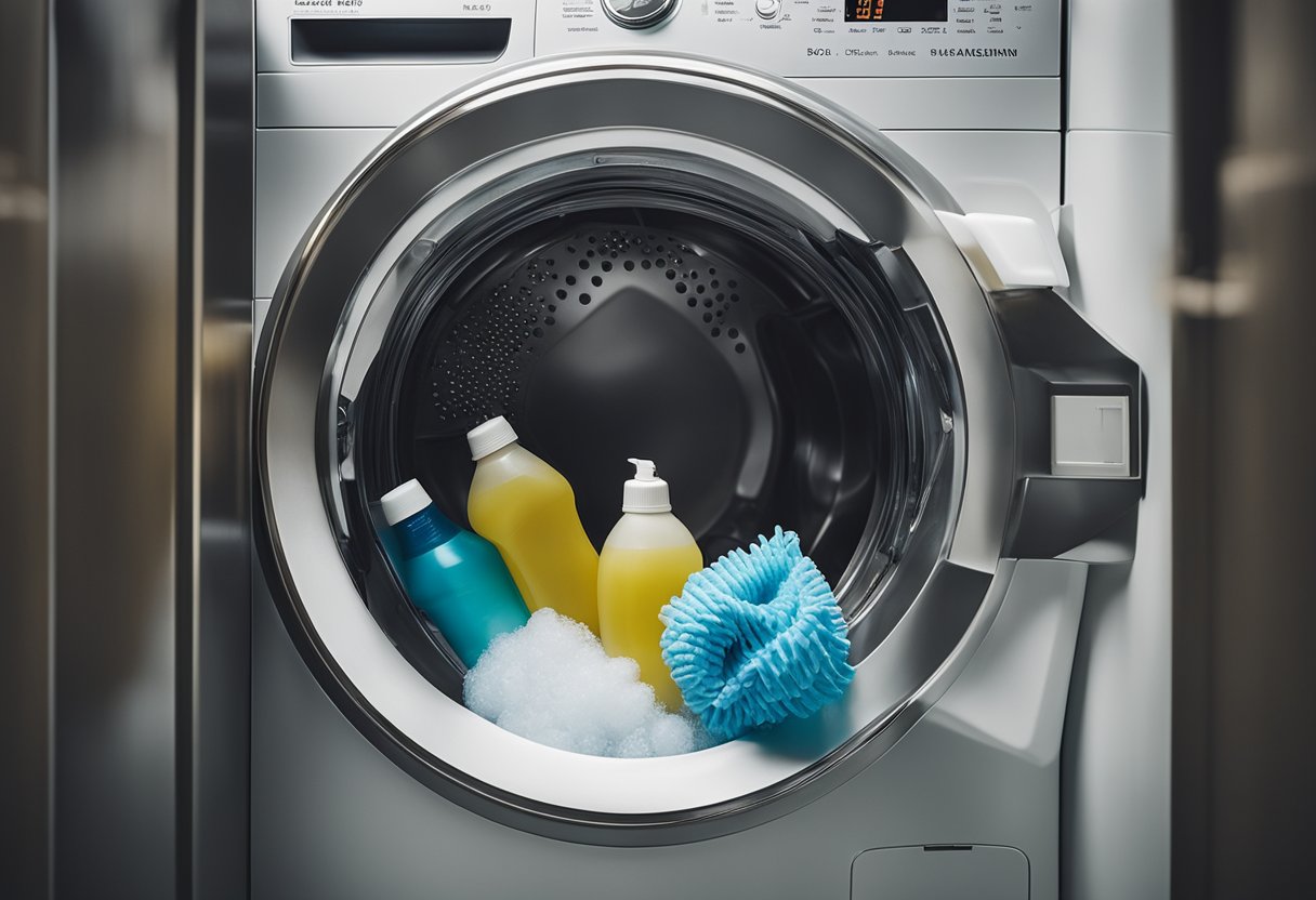 Walking boots placed in a washing machine, surrounded by laundry detergent and water