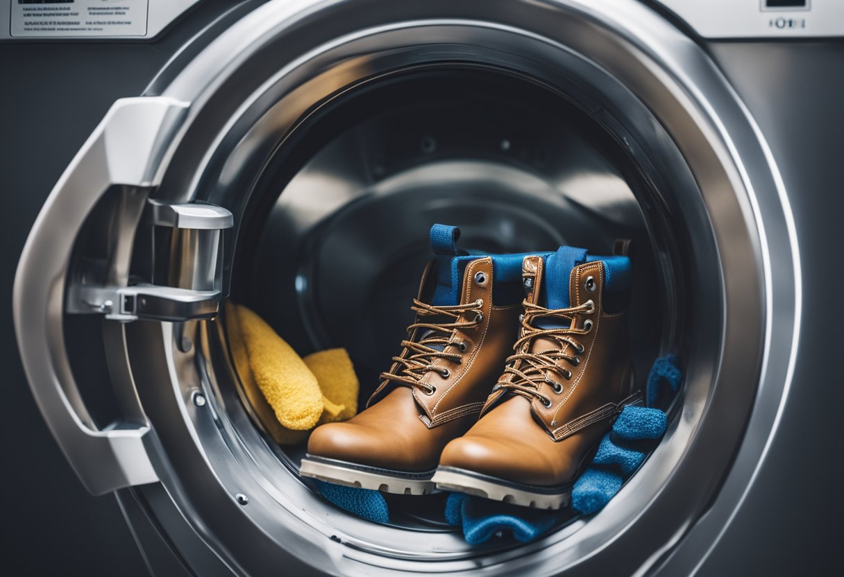 Walking boots placed inside a washing machine, with the door closed and detergent added