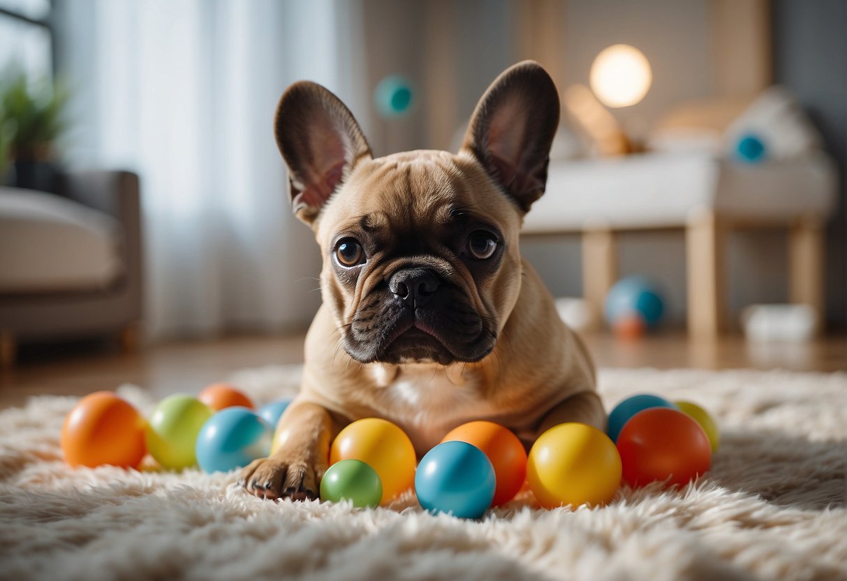 A French Bulldog puppy playing in a spacious, well-lit room with toys and a comfortable bed. A bowl of fresh water and high-quality food is nearby