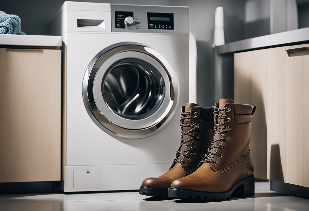 Walking boots placed in front of a washing machine