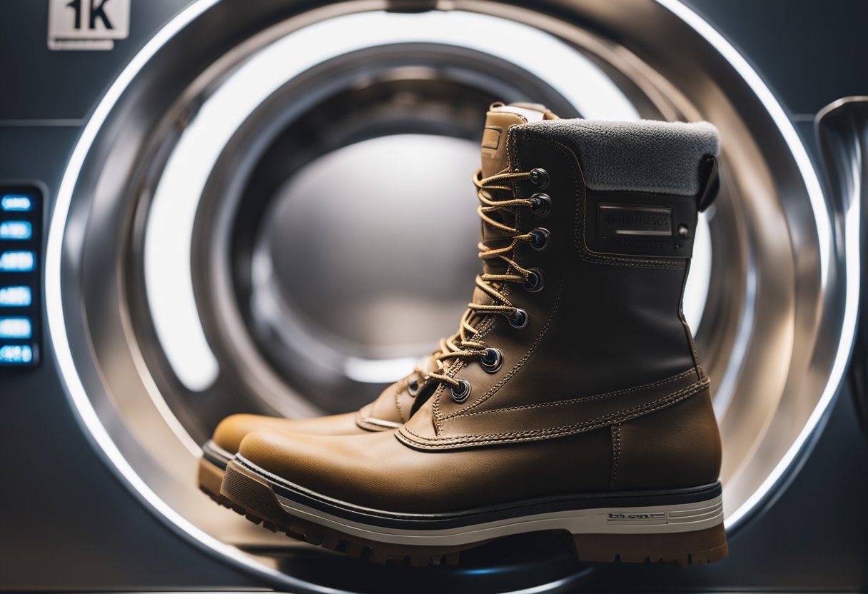 Walking boots placed in washing machine, settings adjusted