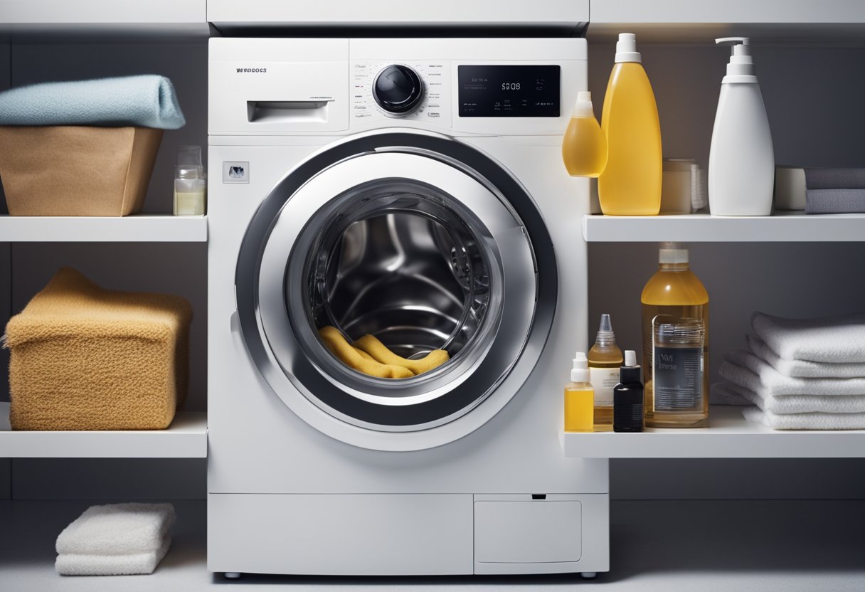 Walking boots placed in a washing machine, surrounded by alternative cleaning products like vinegar and baking soda