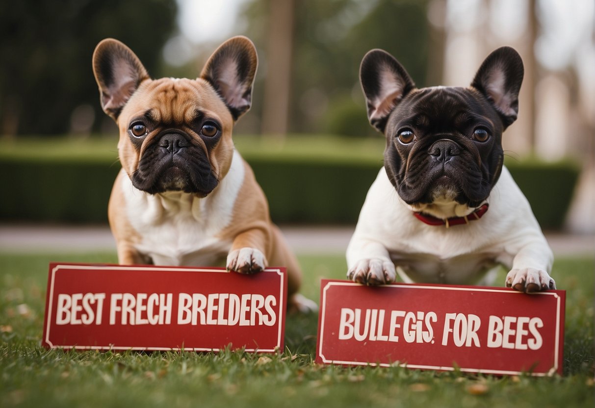 French bulldogs playing in a spacious, well-maintained outdoor area with a sign reading "Best French Bulldog Breeders in the US" displayed prominently
