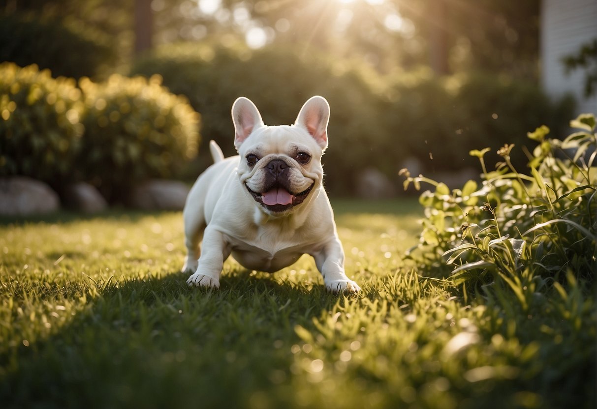 Happy French bulldogs play in a spacious, sunlit yard. The breeders' clean, well-organized facilities are surrounded by lush greenery and provide a safe, comfortable environment for the dogs