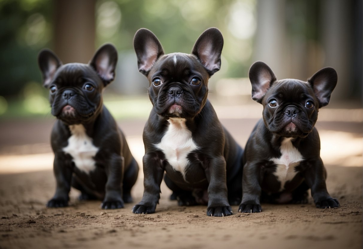 A litter of French Bulldog puppies playfully interact with each other in a spacious and clean breeder facility, showcasing their distinctive bat ears and compact, muscular bodies
