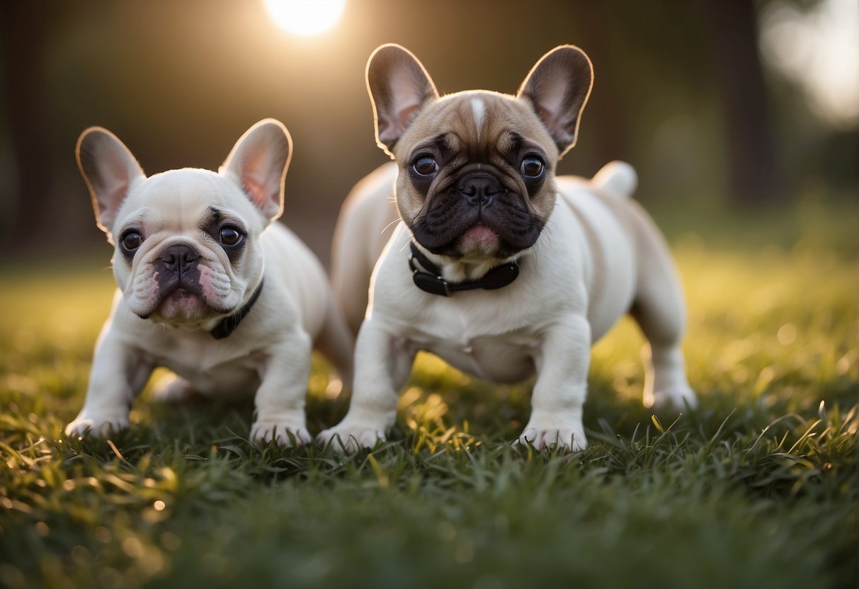 A group of lively French Bulldog puppies play and interact with each other in a spacious and well-maintained environment, surrounded by caring and attentive breeders
