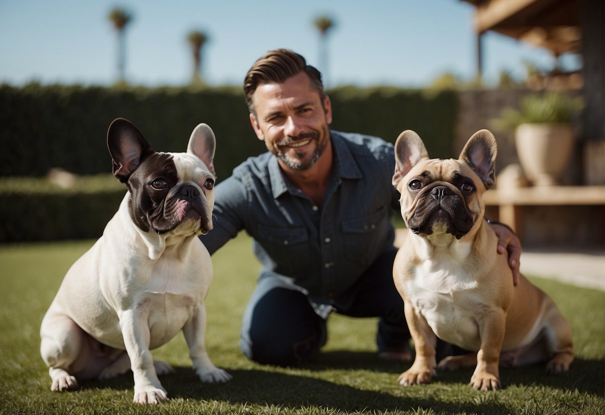 A French Bulldog breeder in California interacts with their dogs, showcasing their breeding expertise and love for the breed