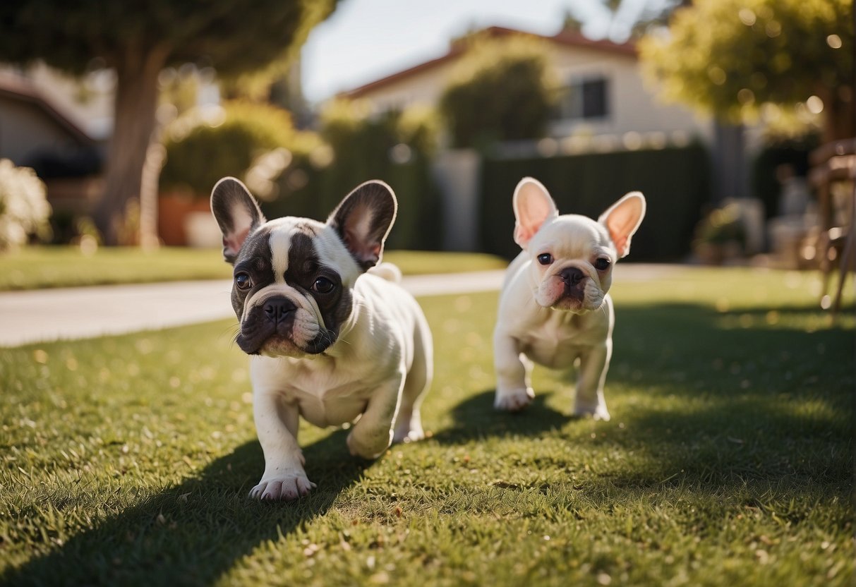 French bulldog puppies playing in a sunny California backyard, surrounded by happy families and well-maintained facilities