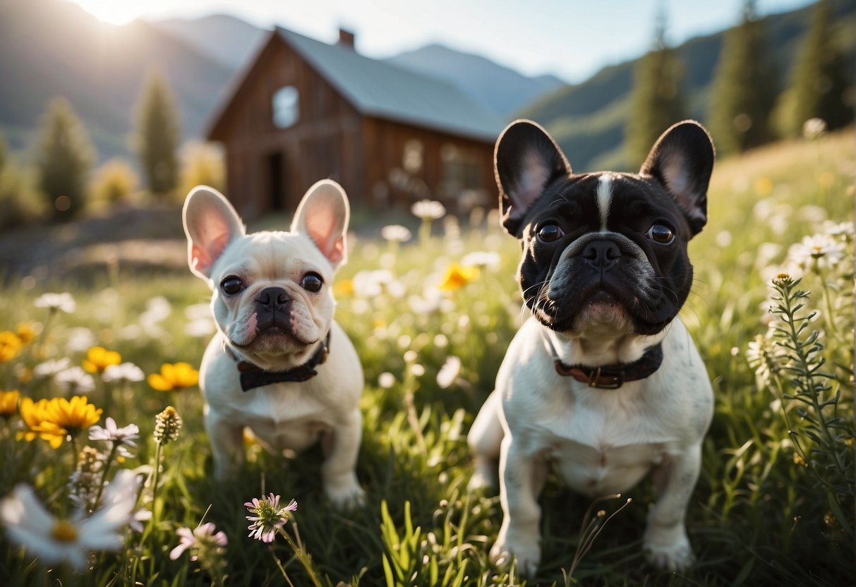 A cozy farmhouse nestled in the Colorado mountains, surrounded by rolling hills and vibrant wildflowers. A group of playful French bulldog puppies romp and play in the sunshine, under the watchful eye of their attentive breeder
