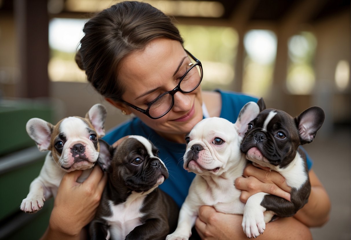 A person carefully examines a group of French Bulldog puppies at a breeder's facility in Colorado. The puppies playfully interact with each other while the person evaluates their health and temperament
