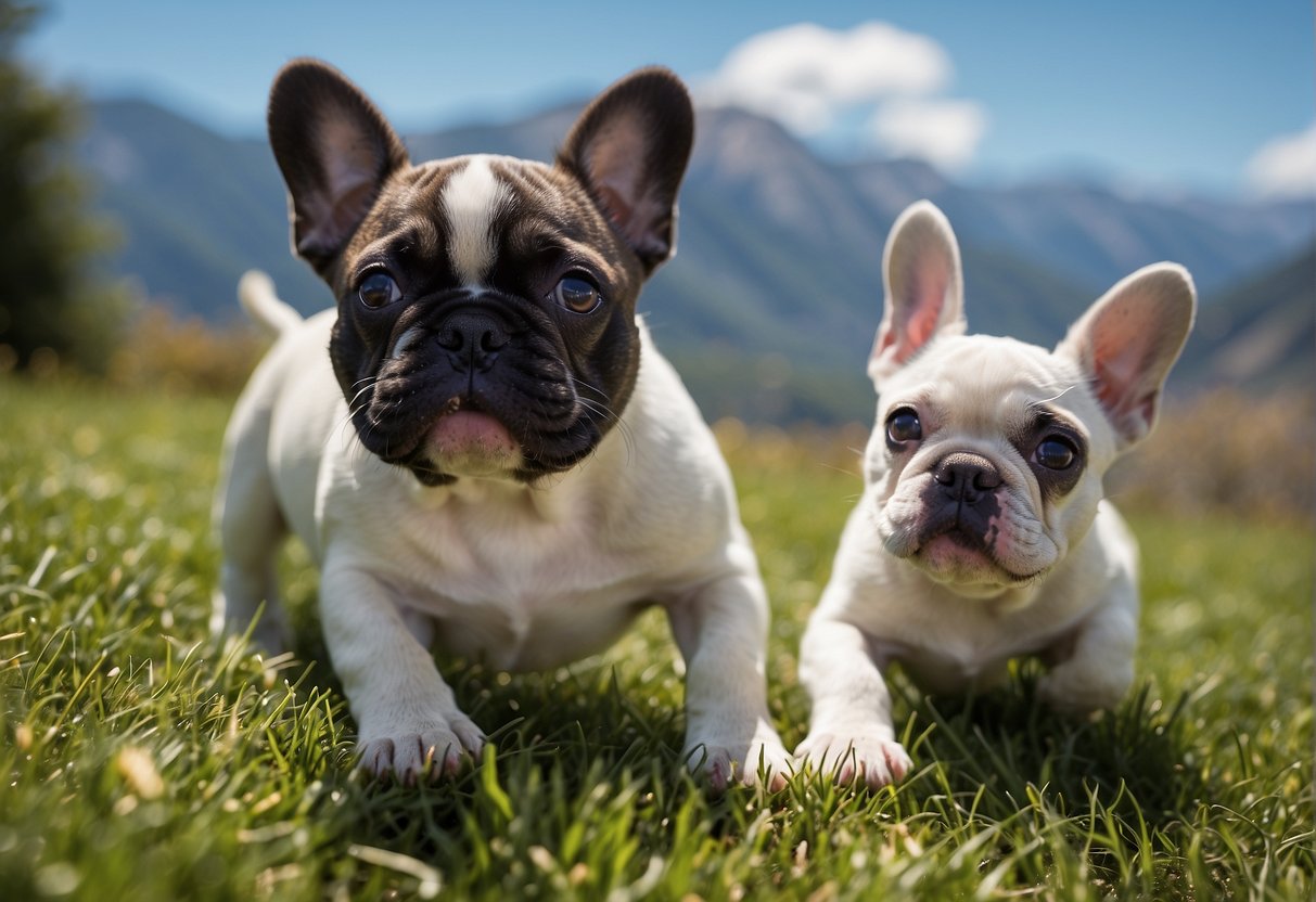 Three French Bulldog puppies playing in a grassy yard, with a blue sky and mountains in the background