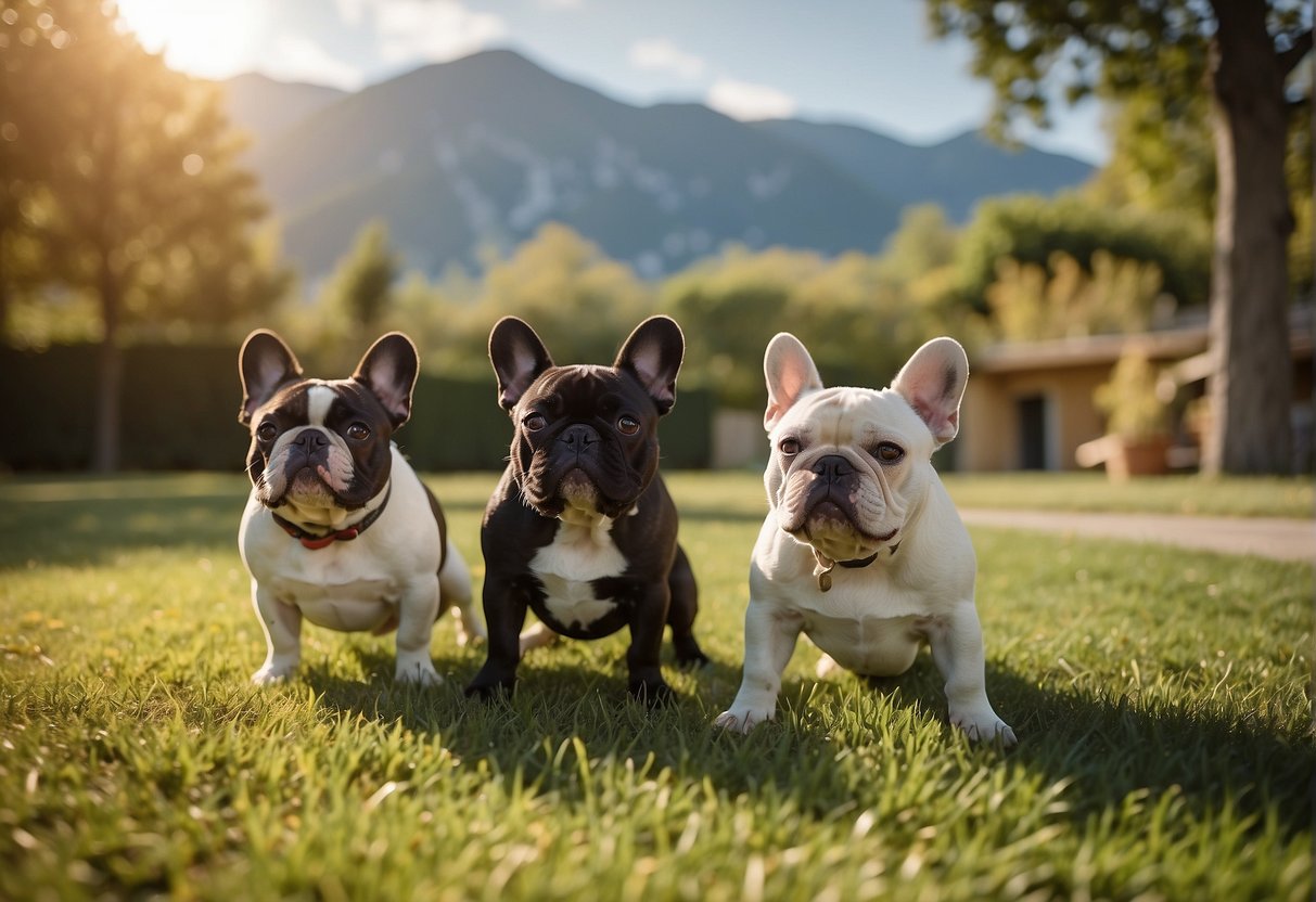 French bulldogs playing in a spacious, sunny yard with a mountain backdrop, while breeders answer questions from potential buyers