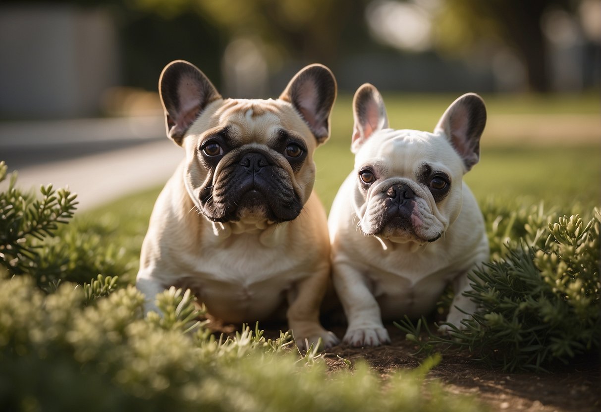 French bulldogs playfully interact in a spacious, well-maintained breeding facility in Los Angeles, showcasing their unique features and friendly demeanor