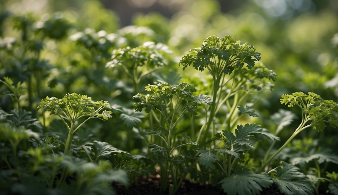 A serene garden with fresh parsley growing, surrounded by calm and peaceful surroundings