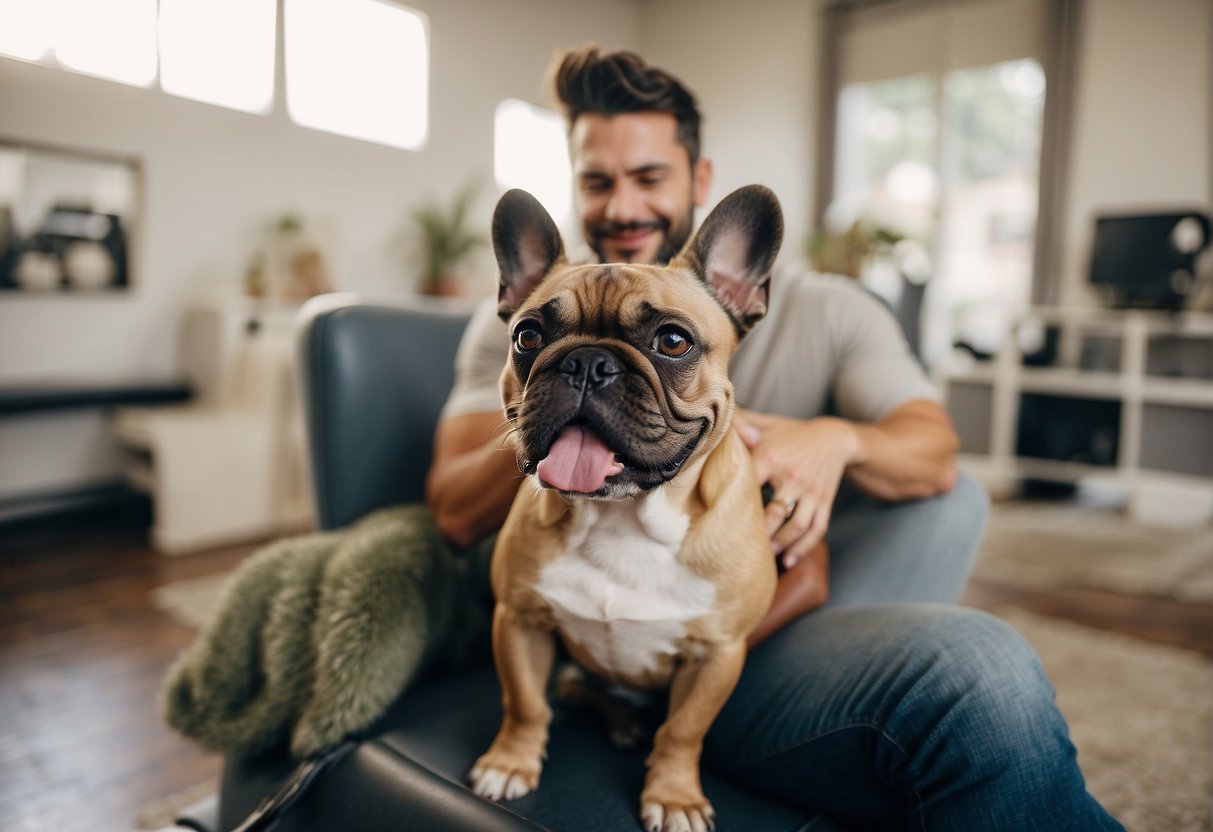 A couple visits a reputable French Bulldog breeder in Los Angeles, surrounded by happy, healthy dogs in a clean and well-maintained facility